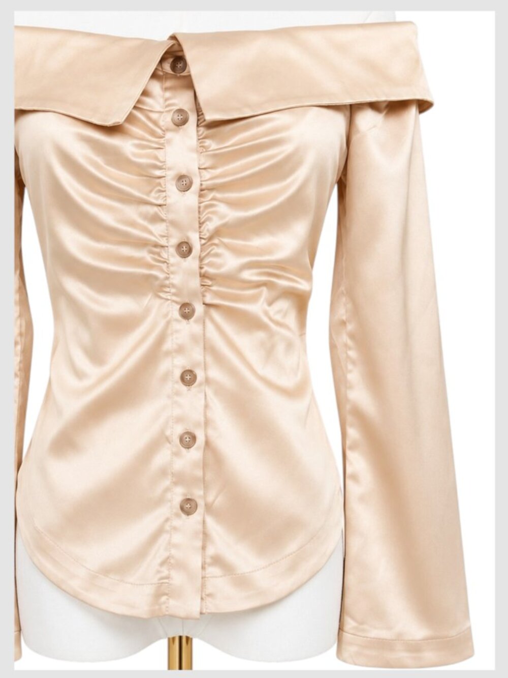 Anthropologie Off Shoulder Satin Ruched Blouse Champagne Cream XS - Picture 4 of 9